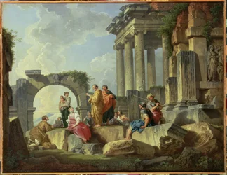 Ruïnes met de apostel Paulus die predikt, 1744